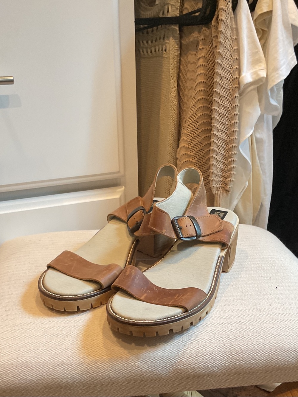 Women’s Tan Leather Block Heel Sandals with Buckle Strap